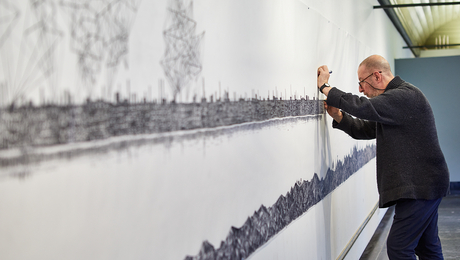 Tekening van Artist in Residence Alexander Brodsky te zien bij Cityscapes Foundation